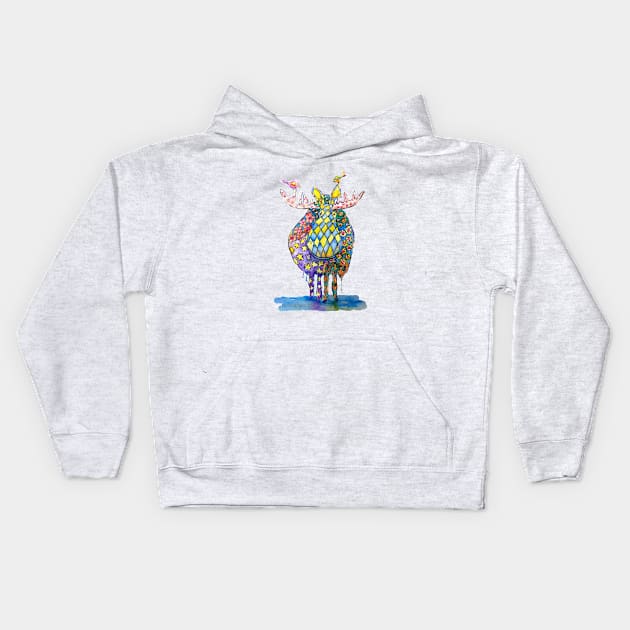 Cute Moose Watercolor Art with Bird Friends Kids Hoodie by CunninghamWatercolors